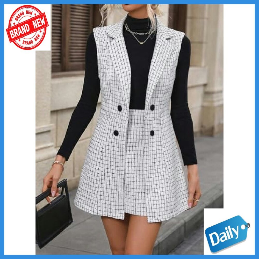 Women's Plaid Vest Blazer Skirt Set Workwear Office Business Casual - Picture 5 of 8